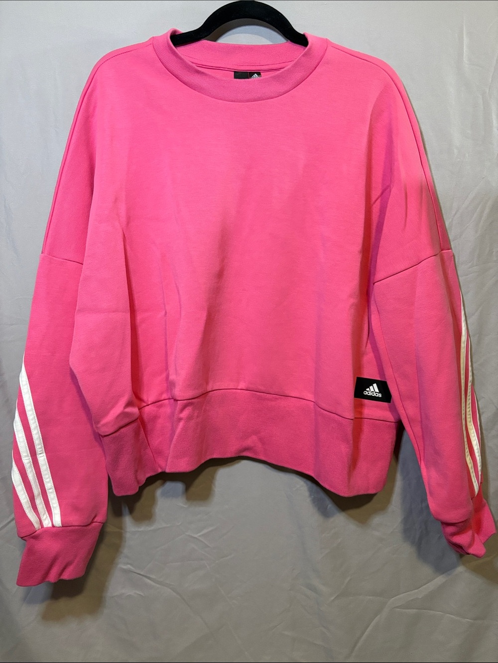 adidas Womens Hot Pink Baggy Crew Sweatshirt with White Stripe Sleeves